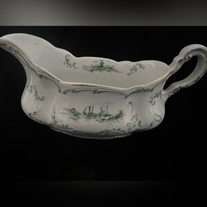 Ridgways Delft pattern antique English semi-porcelain green cream gravy boat